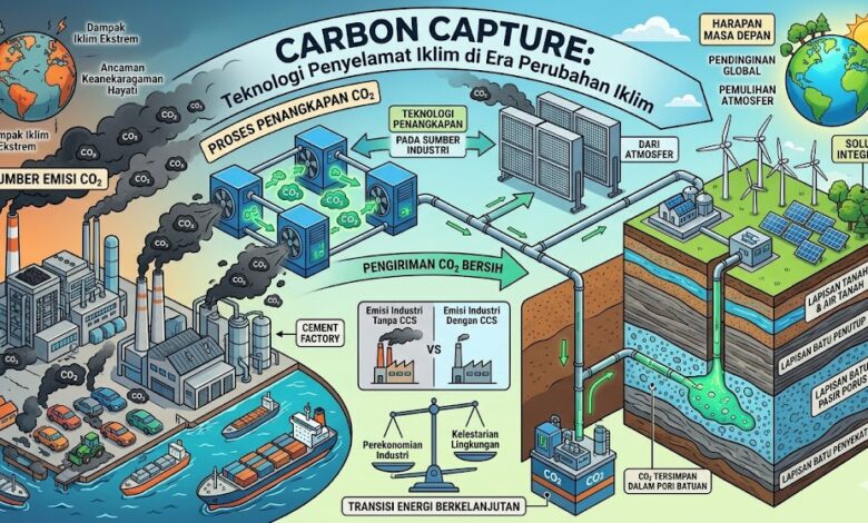 Carbon Capture teknologi menjadi solusi krusial untuk mengurangi emisi CO2 dan memerangi perubahan iklim. Pelajari metode CCS, DAC, dan inovasi climate tech terbaru.