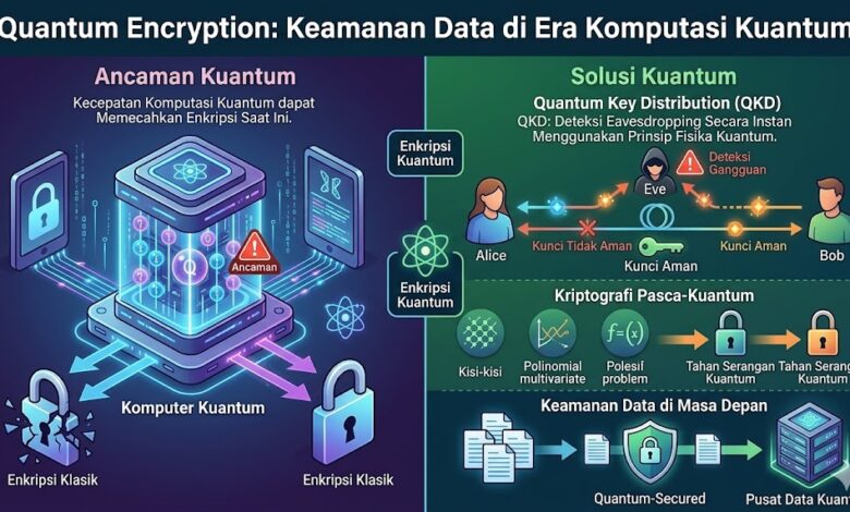 Quantum Encryption menawarkan perlindungan data tak tertembus menggunakan prinsip mekanika kuantum. Temukan teknologi QKD, post-quantum cryptography, dan masa depan keamanan siber.