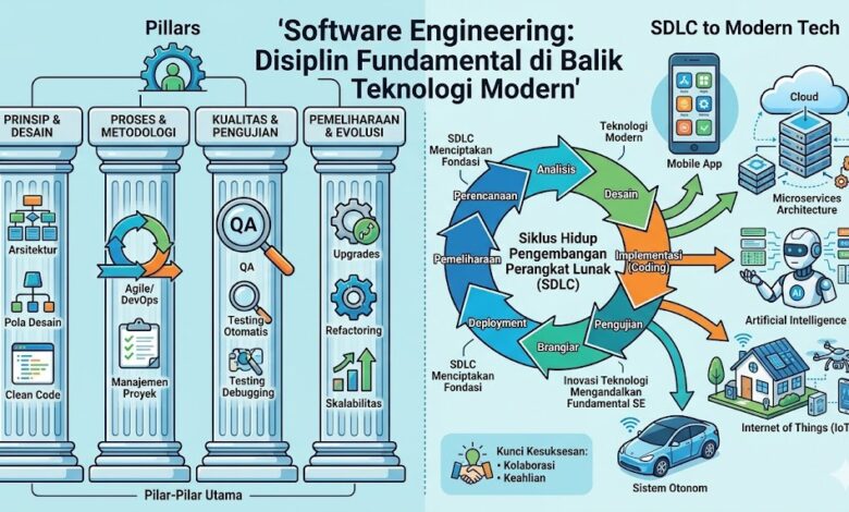 Software Engineering adalah disiplin sistematis untuk merancang, mengembangkan, dan memelihara perangkat lunak berkualitas tinggi. Pelajari praktik terbaik, metodologi, dan karir software engineering.