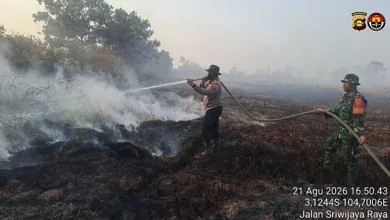 Dipimpin Kapolsek Pemulutan, Tim Gabungan Berhasil Padamkan Kebakaran Lahan di Desa Arisan Jaya