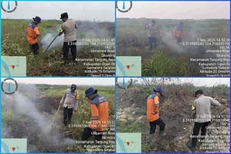 Cegah Meluas, Polsek Tanjung Raja Bersama BPBD dan MPA Gerak Cepat Padamkan Karhutla di Desa Skonjing