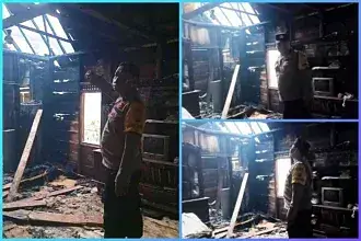 Rumah Panggung Terbakar di Ulak Kerbau Baru, Polsek Tanjung Raja Lakukan Olah TKP, Kerugian Capai Rp25 Juta